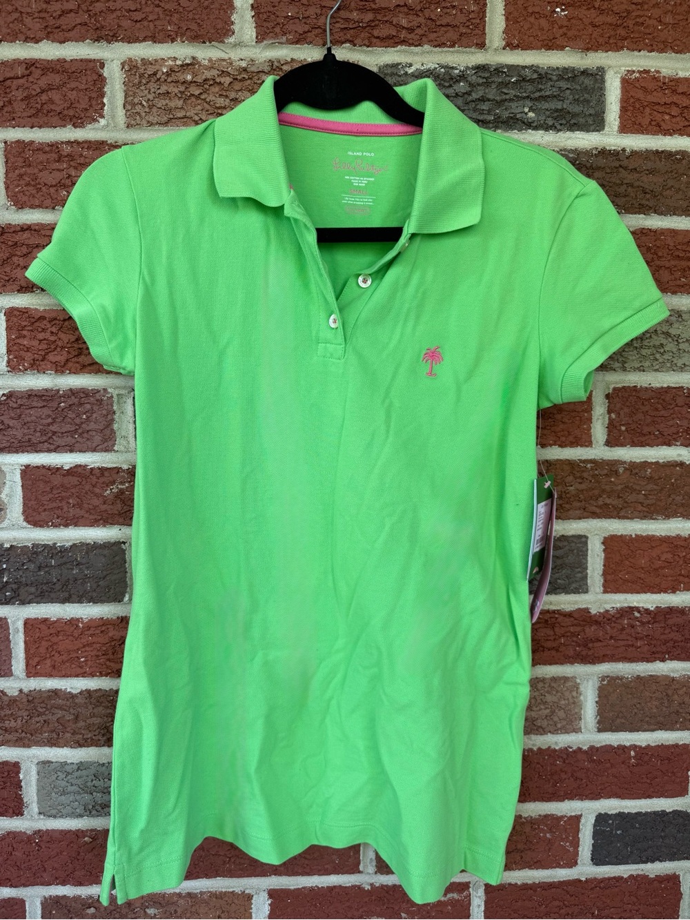 Brand New Lilly Pulitzer Women’s Bright Green Polo Top with Pink Palm Embroidery